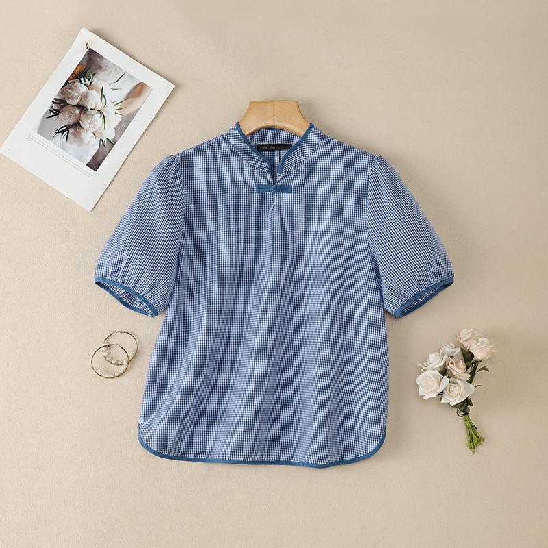ZANZEA Women Casual Stand Collar Short Sleeve Grid Print Blouse