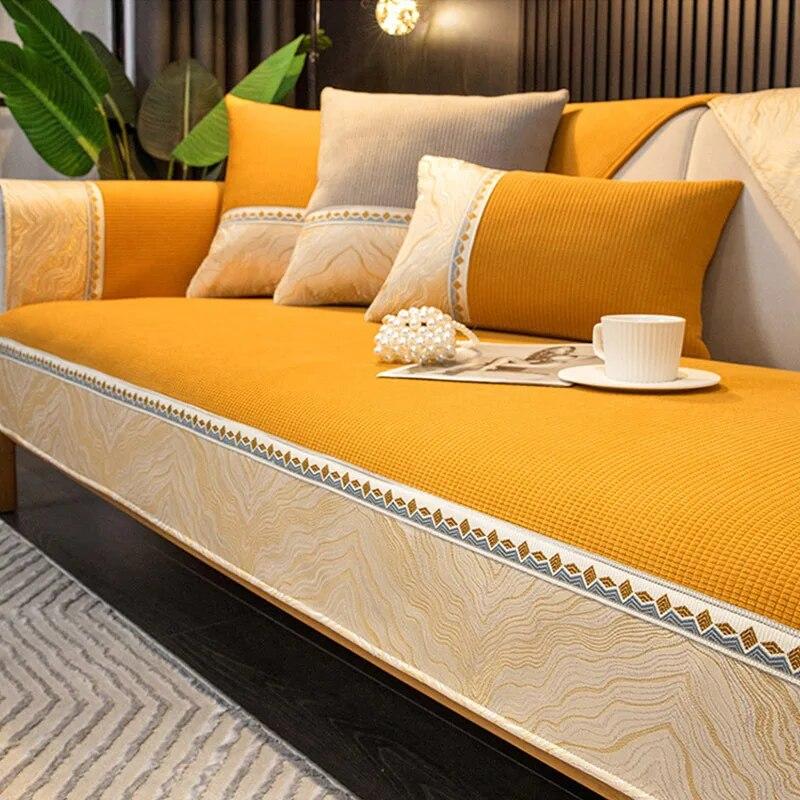 Jacquard Wide Edge Sofa Cover Anti-skid Grid Plush Cushion Warm Cover Sofa Towel Embroidery Webbing Sofa Cushion Cover For Home