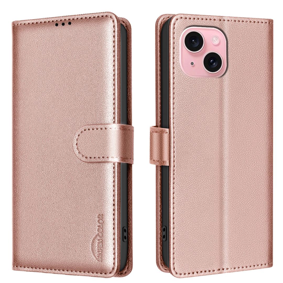 

BINFEN COLOR BF32 For iPhone 14 Plus/15 Plus Case RFID Blocking Card Holder Wallet Leather Phone Cover Rose Gold