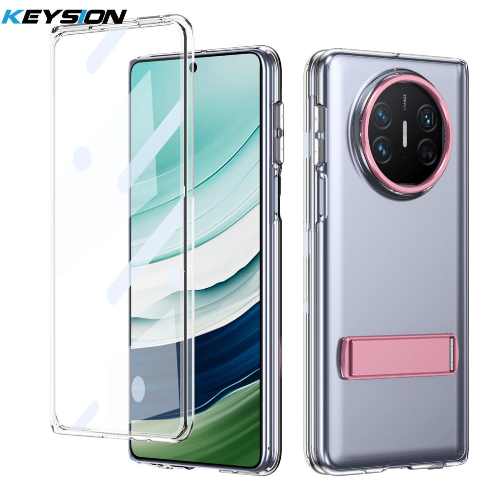 

KEYSION Прозрачный чехол для Huawei Mate X6 X5 X3 Жесткий ПК Металлическая подставка Противоударная крышка для телефона со стеклянной защитной пленкой для экрана for Huawei Mate X3 розовый