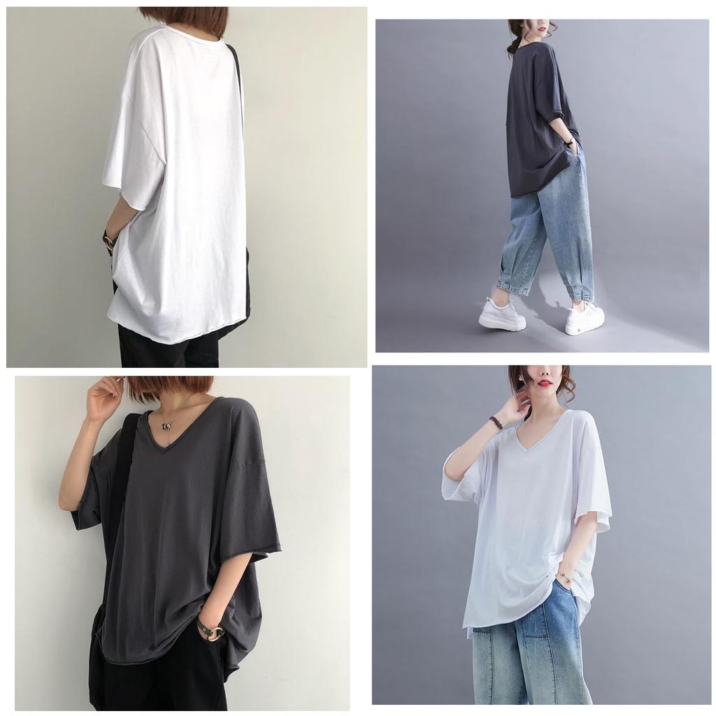 CoeFodMavo Short Sleeve with Loose Oversized Solid Office Plus Sizes Everyday Women's V-Neck T-Shirt Slit, 100% Cotton, Fit, Silhouette, Color,