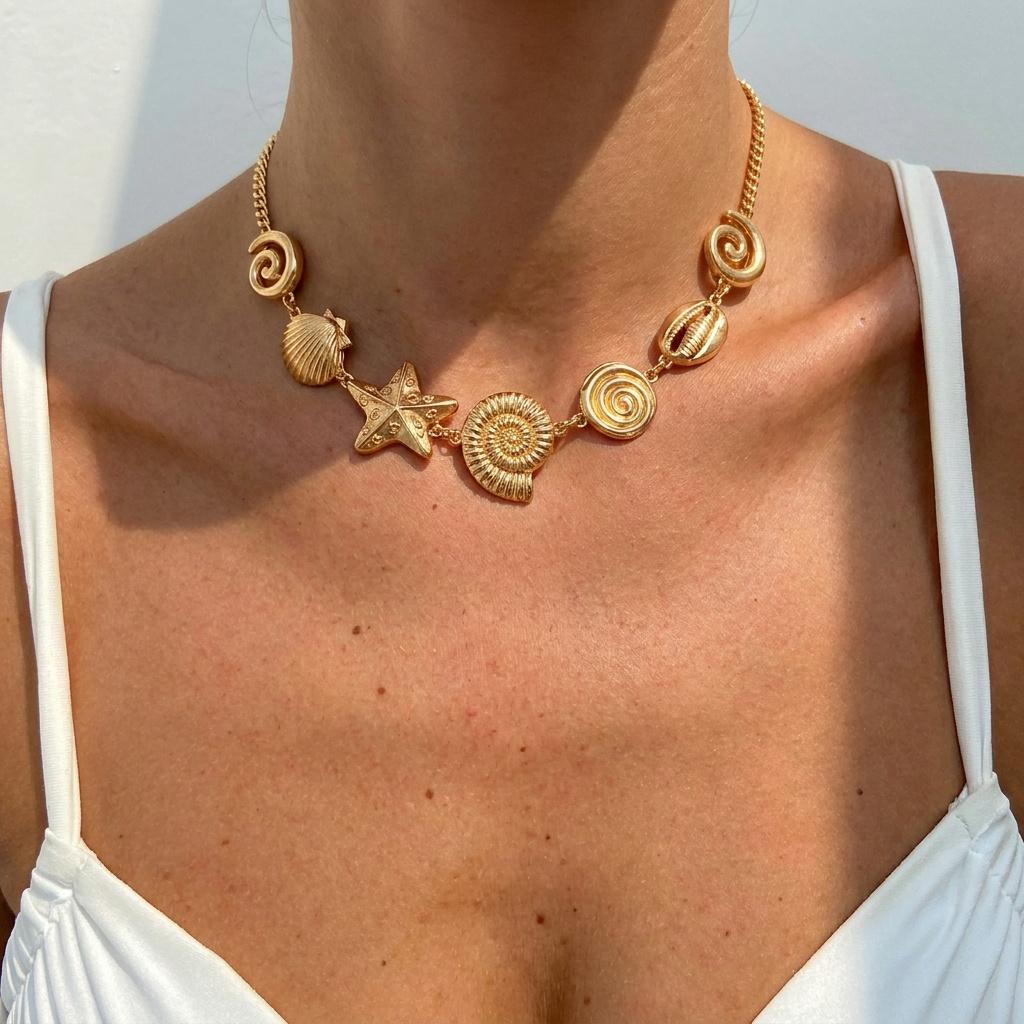 New Design Metal Starfish Shell Chain Necklace For Women Bohemia Conch Scallops Choker Summer Beach Party Vacation Jewelry Gift