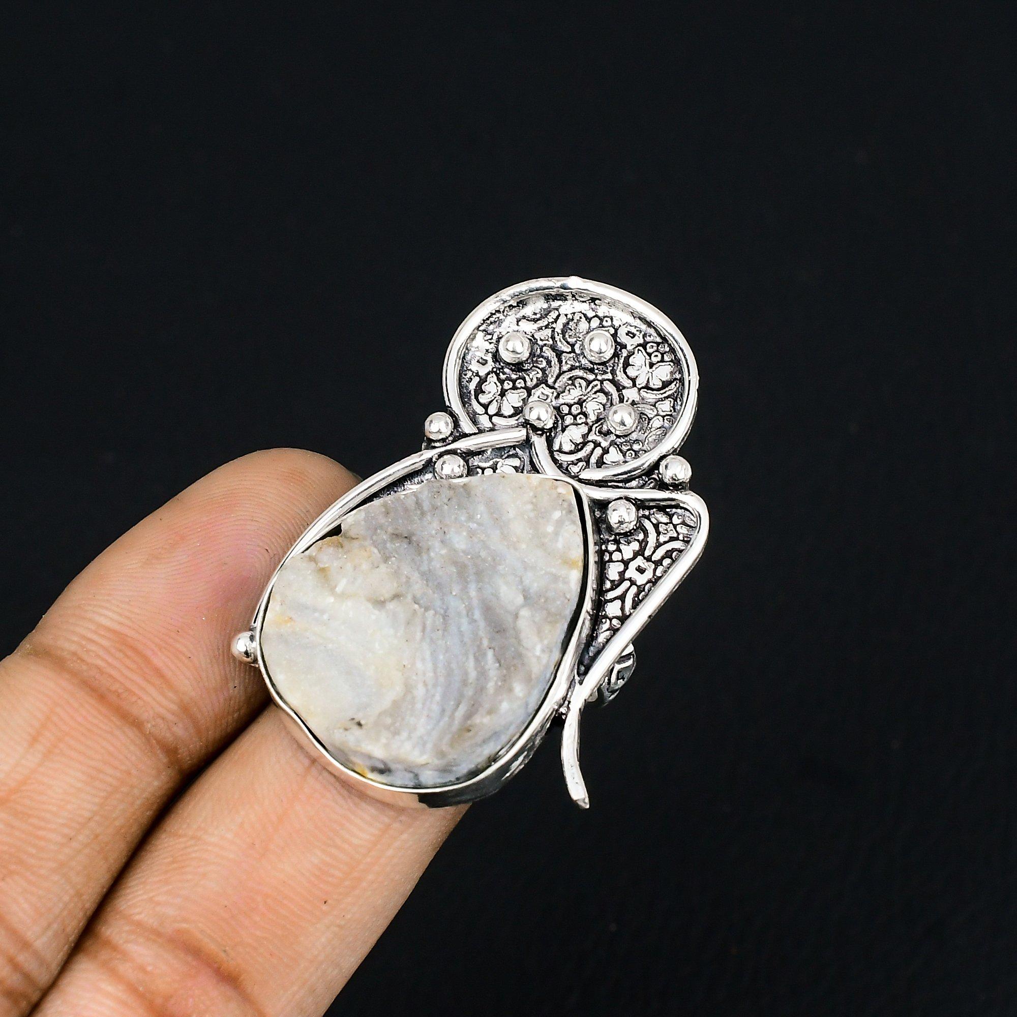 Gift For Her Natural Geode Agate Druzy Solitaire Ring Size 7.5 925 Silver 7.5