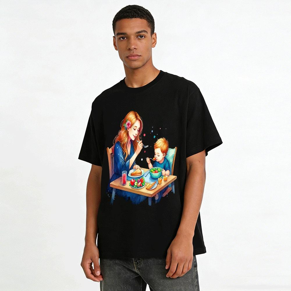 Warm Parent-Child Meal Time Printed Family Matching Tops Pure cotton T-shirt