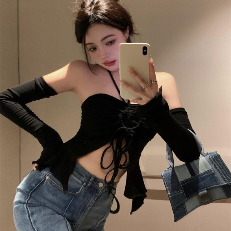 Women s One-Shoulder Long-Sleeve Halter Neck Cropped Top, French Chic Style, Sweet Spicy Designer Look Large чёрный