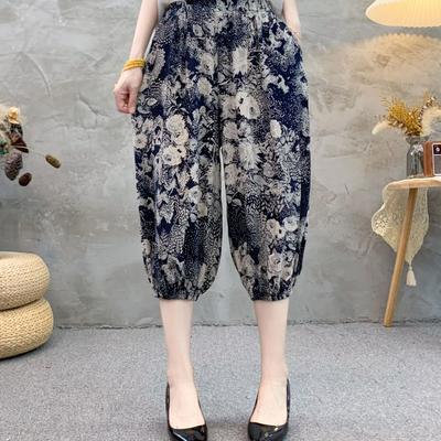 Summer Women's Lantern Pants Thin Printed Seven-Point Pants Pocket High-Waist Plus Size Loose Harem Casual Trousers