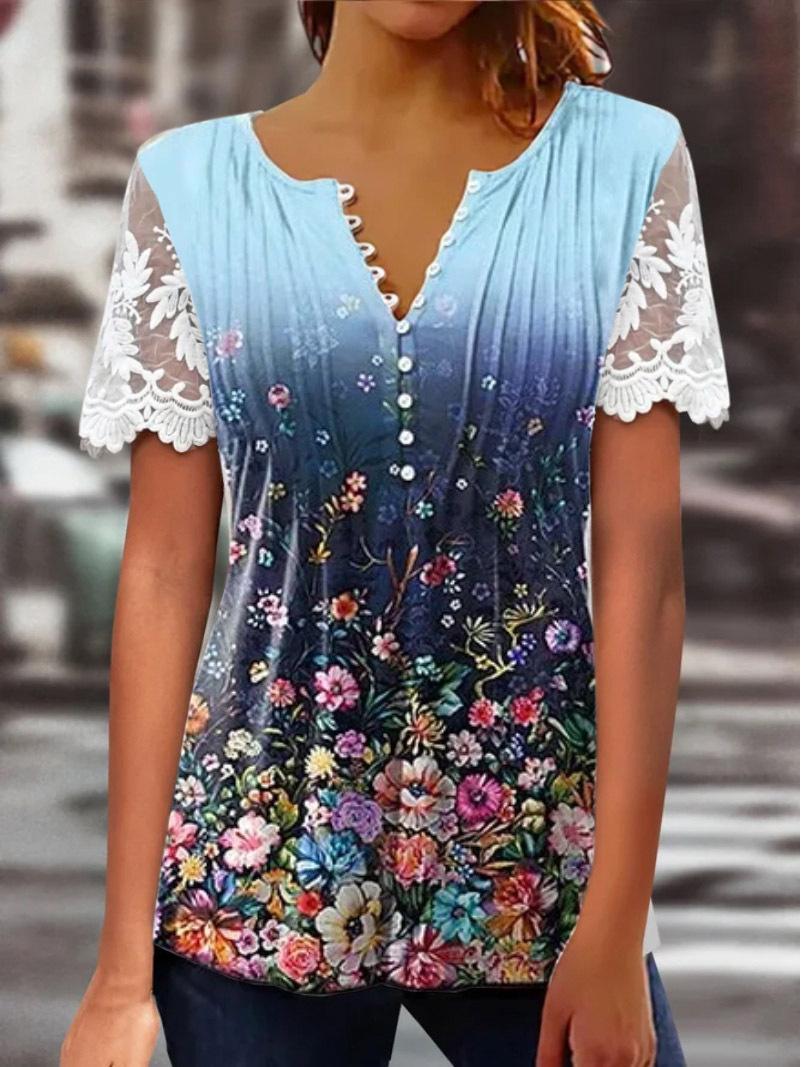 Футболка с цветочным принтом и оборками 2024 года с кружевными рукавами для женщин XXL