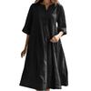 Women's Mid-Length V-Neck Cotton Linen Dress with Short Sleeves and Three-Button Pocket