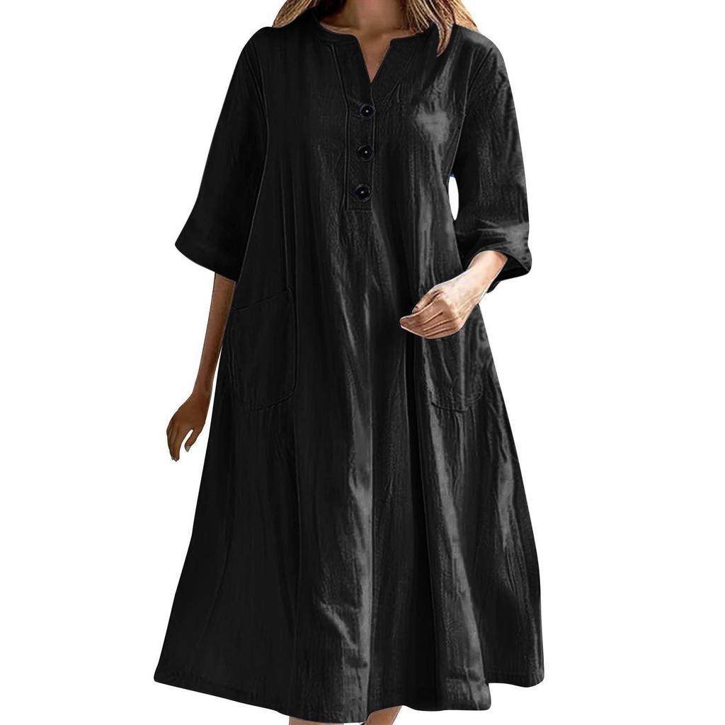 Women's Mid-Length V-Neck Cotton Linen Dress with Short Sleeves and Three-Button Pocket