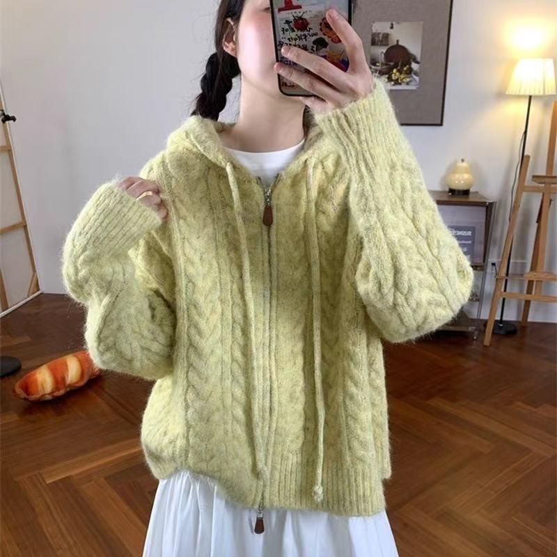 Lazy wind hooded double zipper sweater jacket women's autumn and winter new long camel hair loose twist versatile knitted cardigan