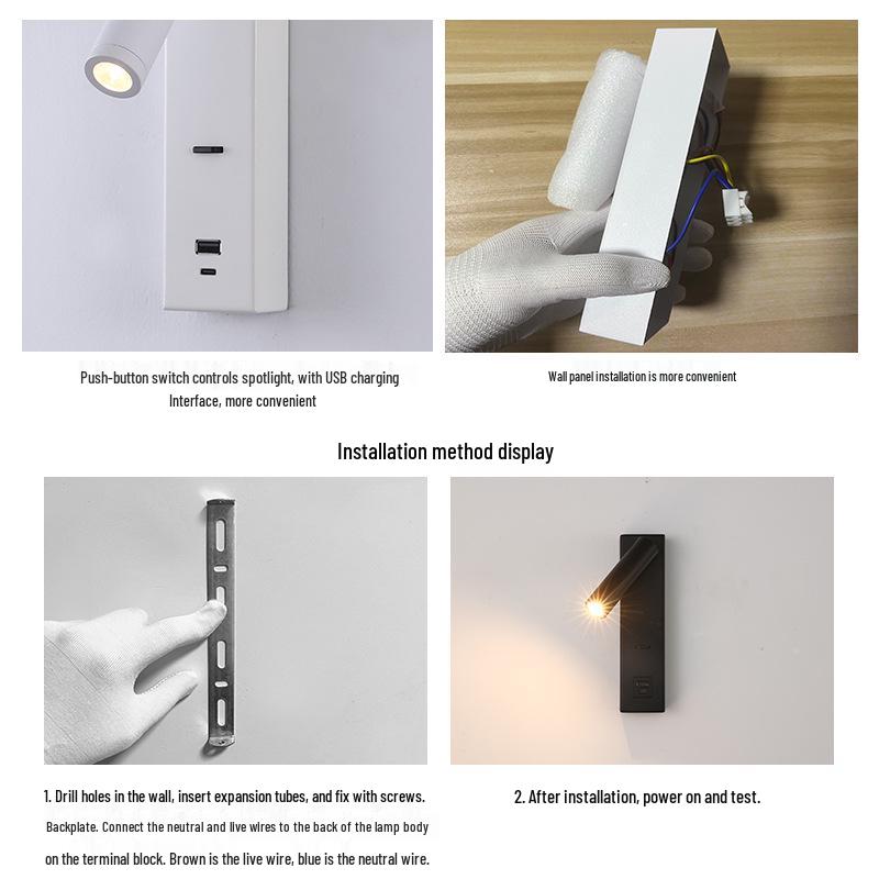 Rotatable Type-C USB Wall Lamp with Switch for Bedroom, Study, or Hotel