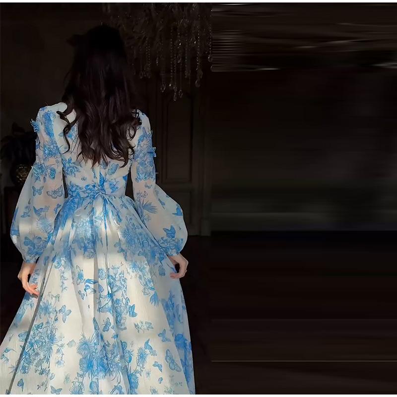 Women's Printed Long Hem Dress with V-neck and Irregular Strap Design Casual Waist Cinching Versatile and Elegant Women's Dress for Daily Wear