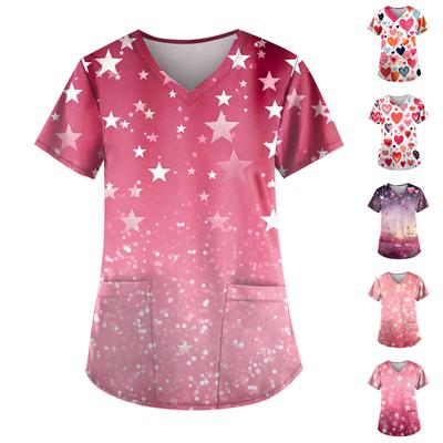 Plus Size Printed Scrub Working Uniform Tops For Women's V-Neck Print Short Sleeve Fun T-Shirts Workwear Tee With Pockets