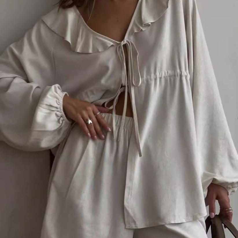 French Style Casual Autumn New Fashion Cotton Linen Set V-Neck Puff Sleeve Top Shorts Two-Piece Set