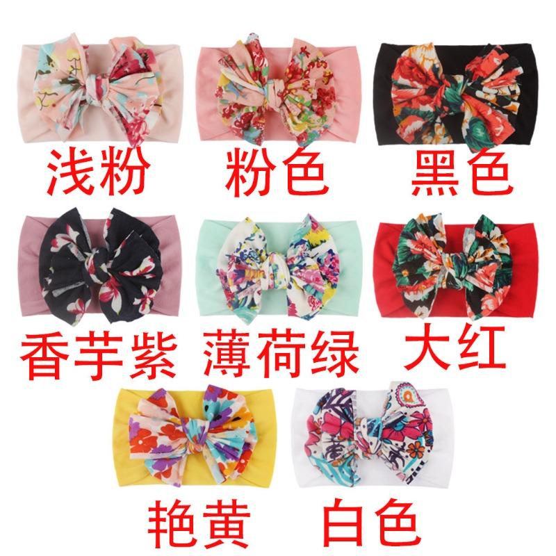 New infant hair accessories, children's nylon printed bow wide-brimmed headscarf, baby knotted headband
