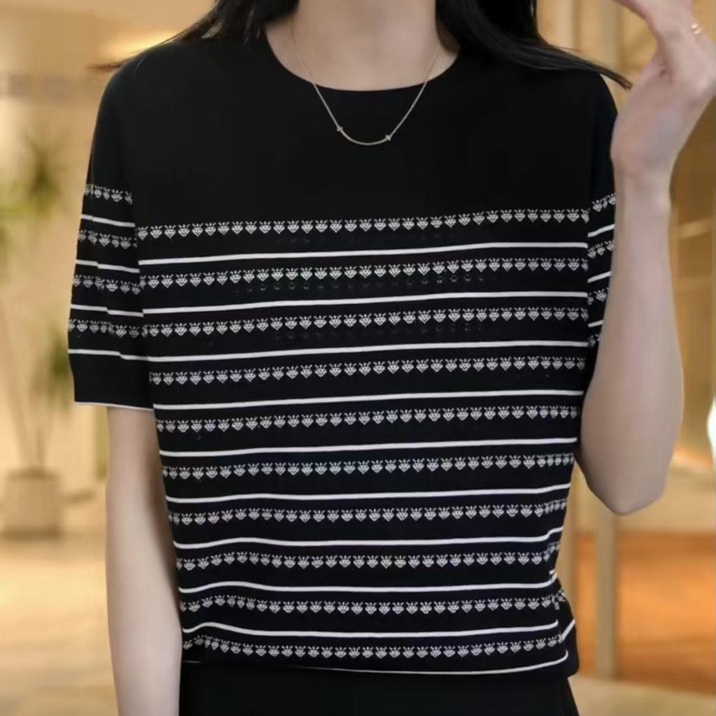 Women's Striped Knitted Shirt Ice Silk Short Sleeve T-shirt Summer Loose Top