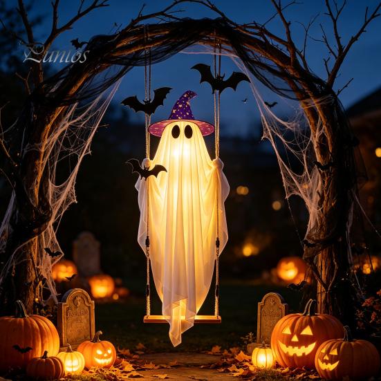 Gruselige Halloween-Außendekorationen Schwingender Geister-Hängeornament mit LED-Lichterkette zur Dekoration, Verstellbare Dekoration Süßes oder Saures Leuchtendes Ornament