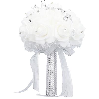 Wedding Bouquet with Crown 10.6 Inch PU Lace Satin Bridal Bridesmaid Artificial Flower Hand Bouquet for Wedding Party
