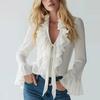 Women's Ruffled V Neck Long Sleeve Elegant Blouse Solid Color Casual Top Shirt