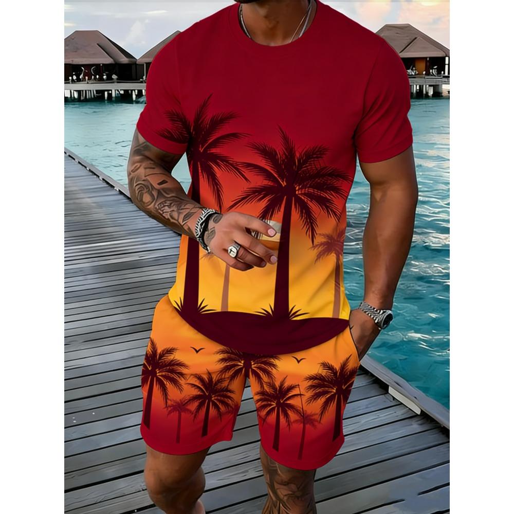 Popular Coconut Tree Printed T-shirt Sets Hawaii Style Tee Shorts Outfits Summer Vacation Two-piece Sets Hot Sell Men's Clothing