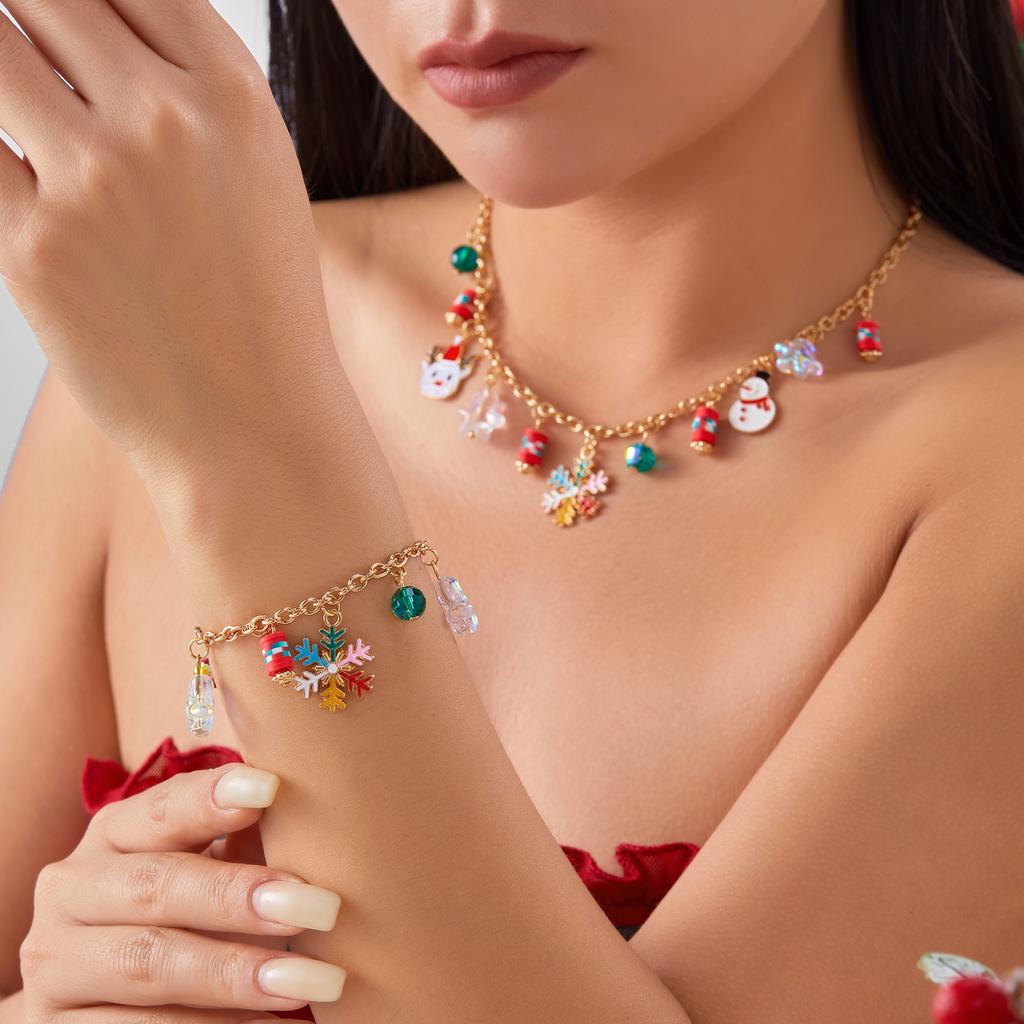 Exquisite Christmas Necklace Bracelet Set For Women Golden Chain Snowflake Santa Claus Elk Xmas Tree Zircon Party Festival Gift