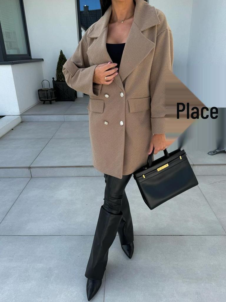Women's European and American Solid Color Woolen Overcoat with Suit Collar