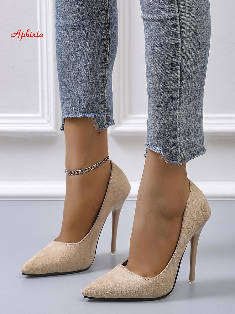 Fashion Aphixta 4.72 Inch Super High Stiletto Heels Pumps Women Solid Office Flock Pointed Toe Party Shoes Woman Plus Large Size 44 45
