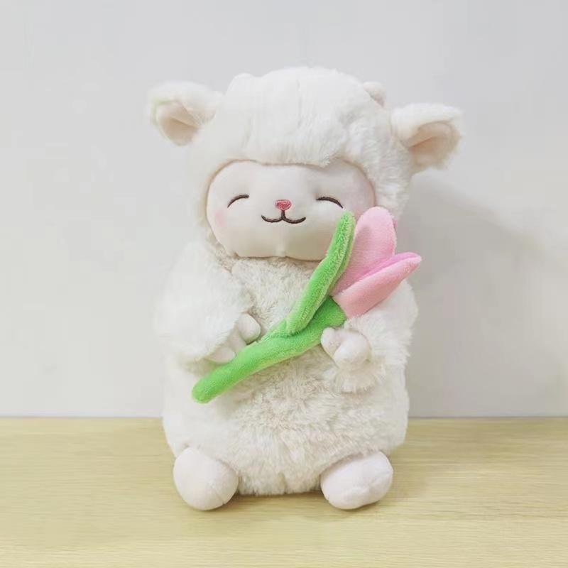 White Woolen Doll with Standing Posture, Cute Sheep, Kawaii Pink Lamb, Super Soft, Holding Flowers, Kawaii Gift, 27cm