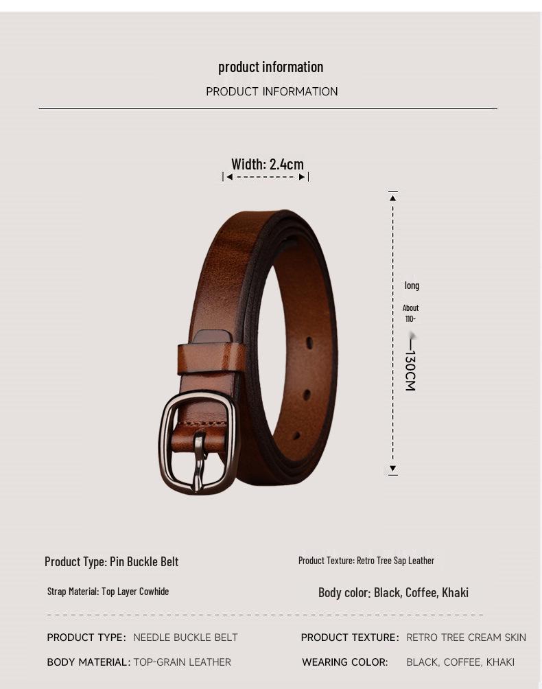 Women's Premium Cowhide Leather Belt with Pin Buckle - Handmade & Soft