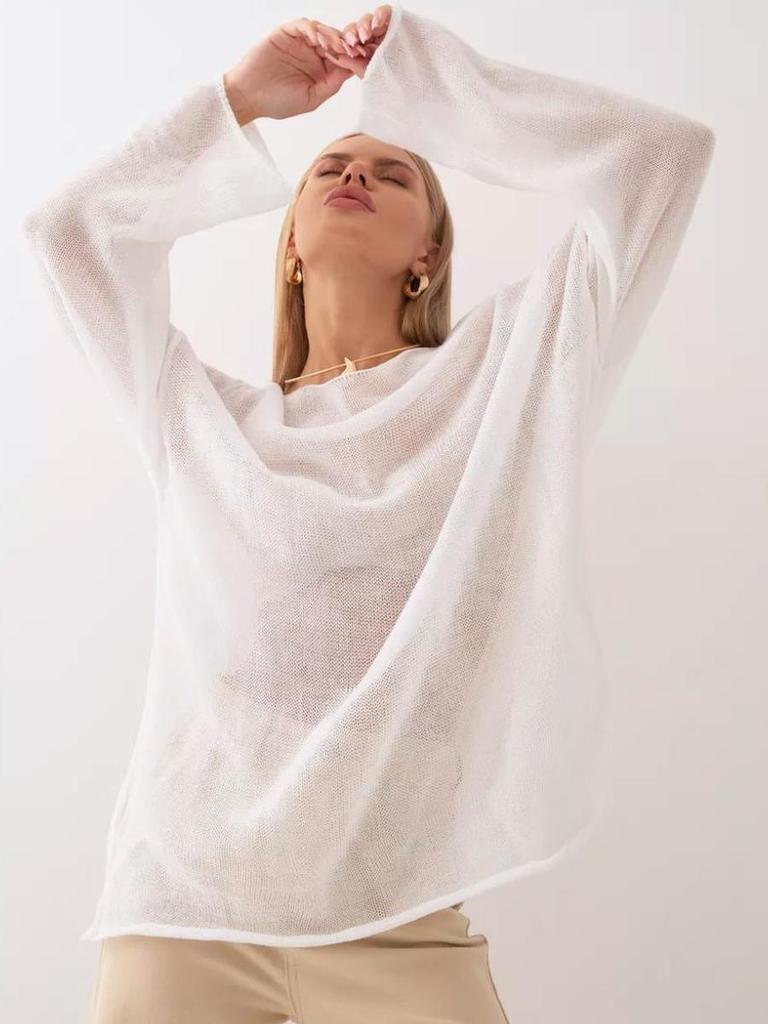 Knitted Hollow Sweater Summer New Women's See-Through Thin Round Neck Bell Sleeve Knit T-Shirt