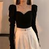 Vintage Square Collar Puff Sleeve Women Blouse Black Sexy Elegant Temperament Long Sleeve Top Spicy Girl V-neck Casual Ssummer