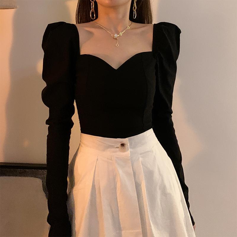 Vintage Square Collar Puff Sleeve Women Blouse Black Sexy Elegant Temperament Long Sleeve Top Spicy Girl V-neck Casual Ssummer