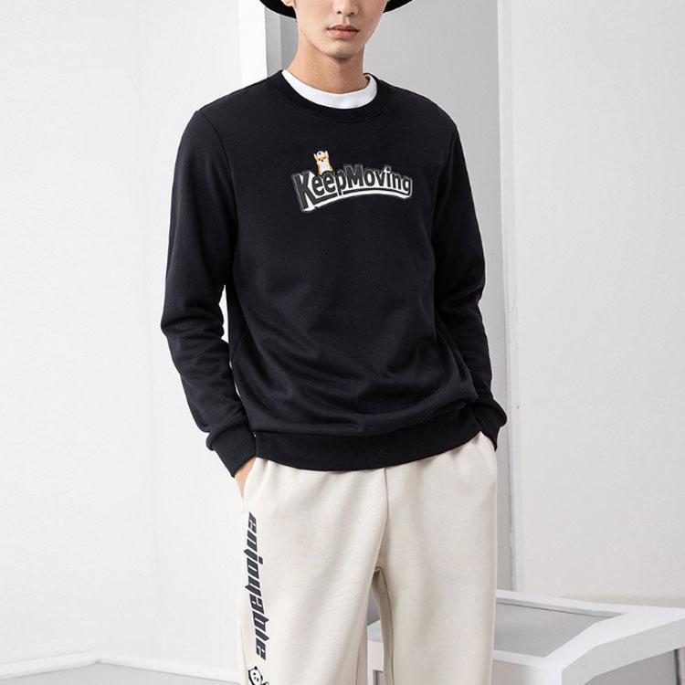 Anta Cartoon Embroidered Fleece Warm Round Neck Sports Sweatshirt Men Sweatshirt Black 952148708-4