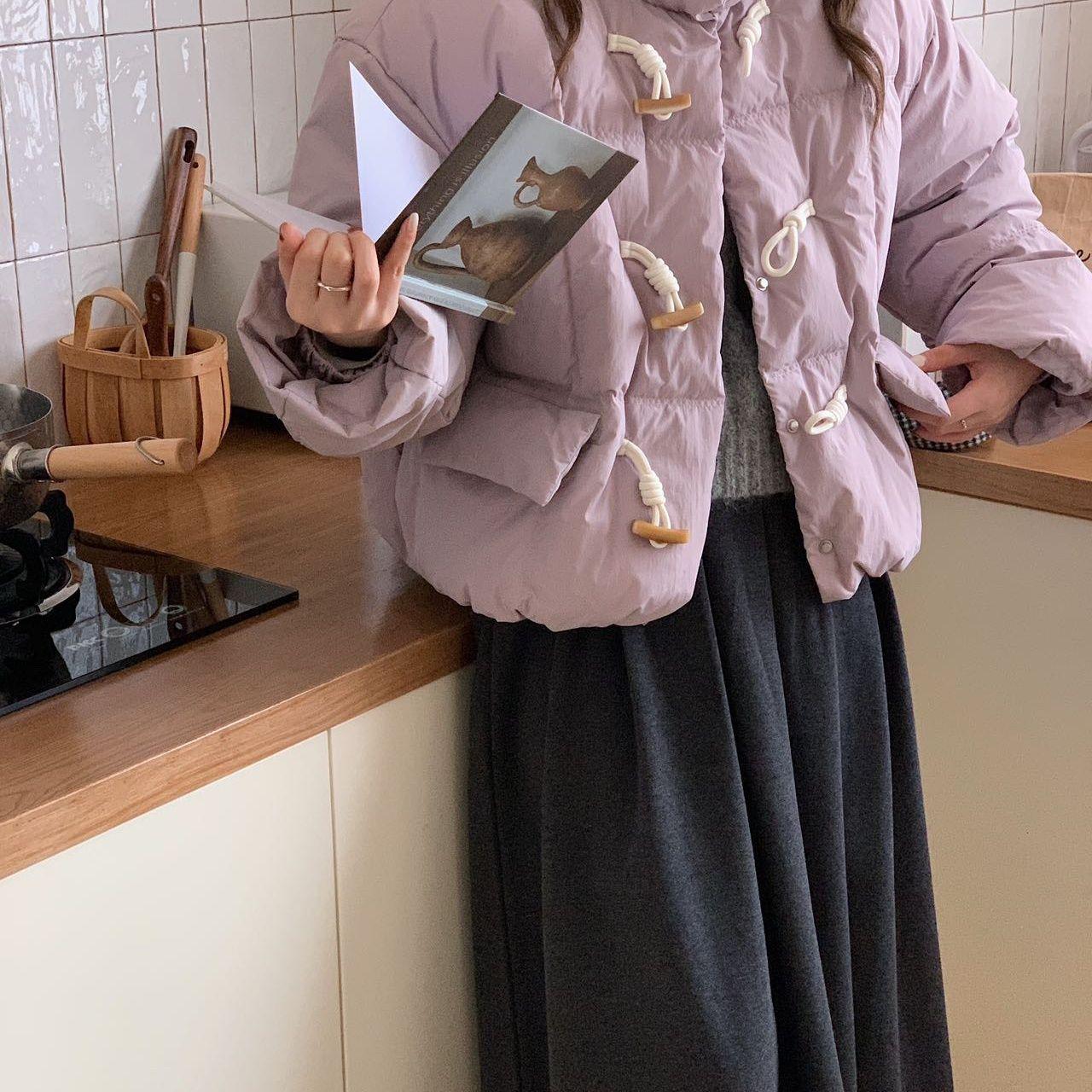 

Korean Style White Duck Down Jacket - Stand Collar, Loose Fit, Petite Women s Winter Coat M 60-70 kg светло-фиолетовый