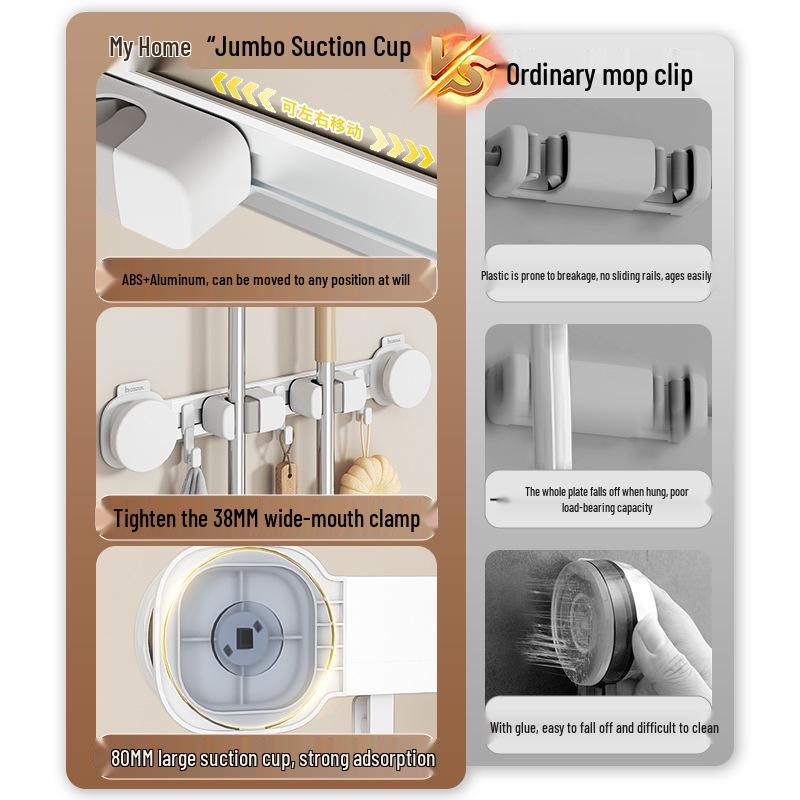 Bathroom Mop and Broom Suction Cup Wall Mount - Punch-Free, Space-Saving Holder and Organizer.