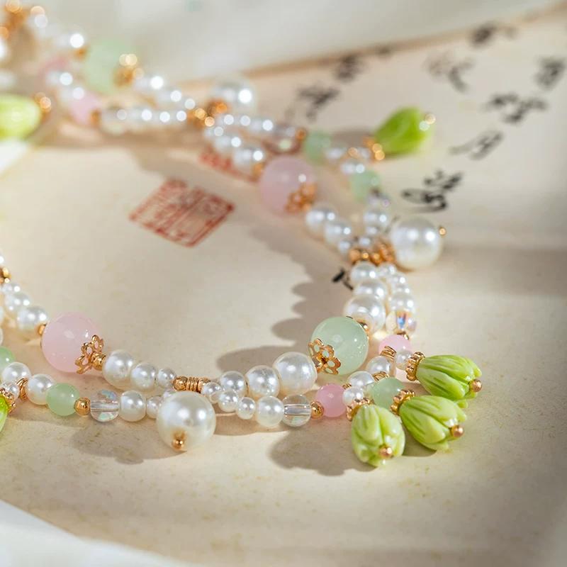 Antique Hanfu Accessories, Yingluo Necklace, Fresh Women's Retro Imitation Pearl Pendant, Qipao Accessories