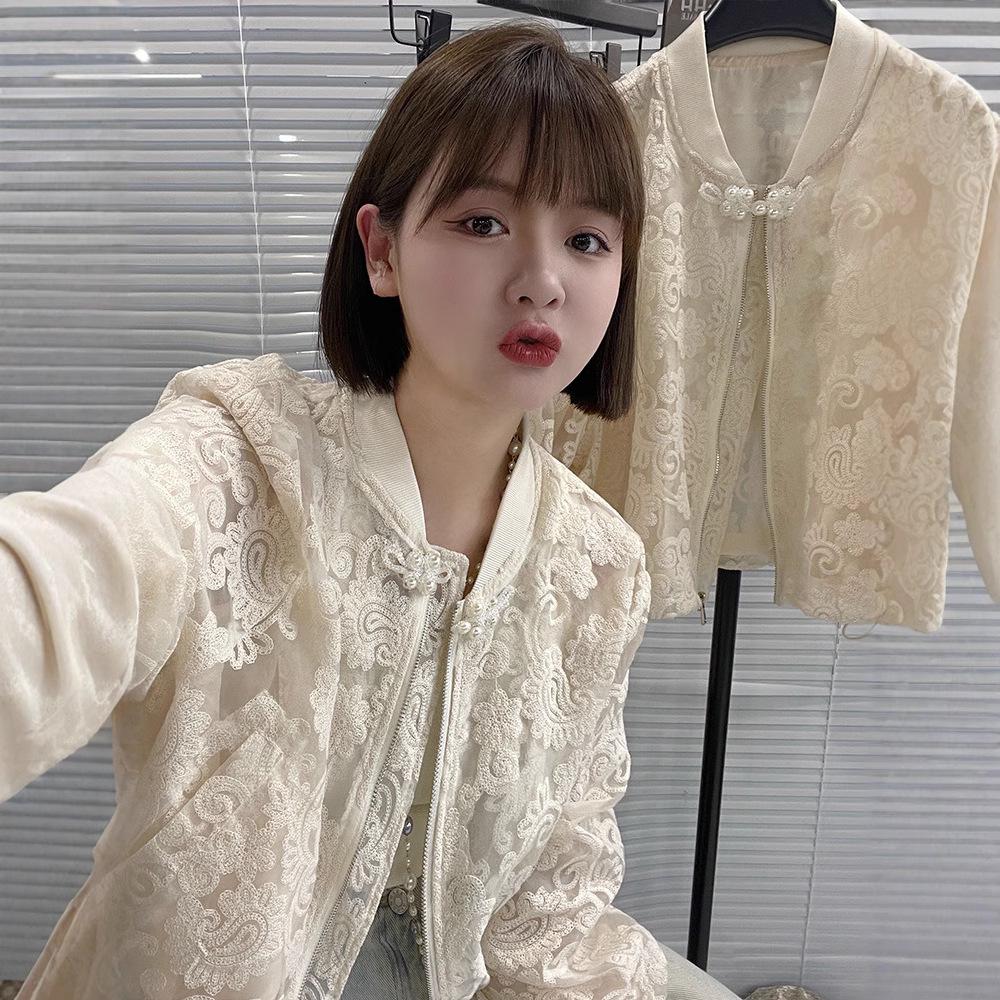 Women's Hollow Lace Jacket with Stand-up Collar - European Style, 2024 Spring, Korean Slimming Fit, Elegant Fragrance-Inspired Design.