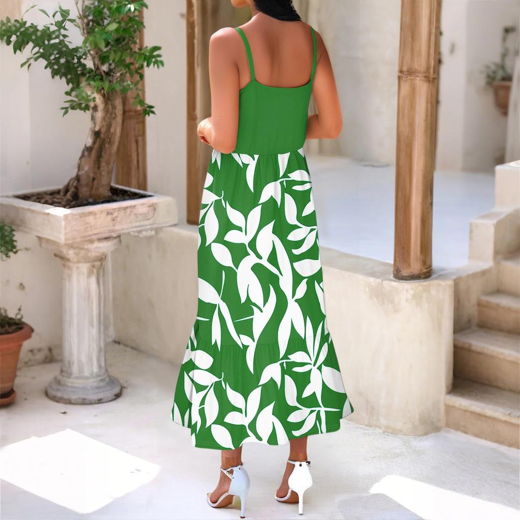 Damen Long Beach Casual Elegant Spaghettiträger Maxikleid Floral Low-Key Fließendes Bohemian Kleid