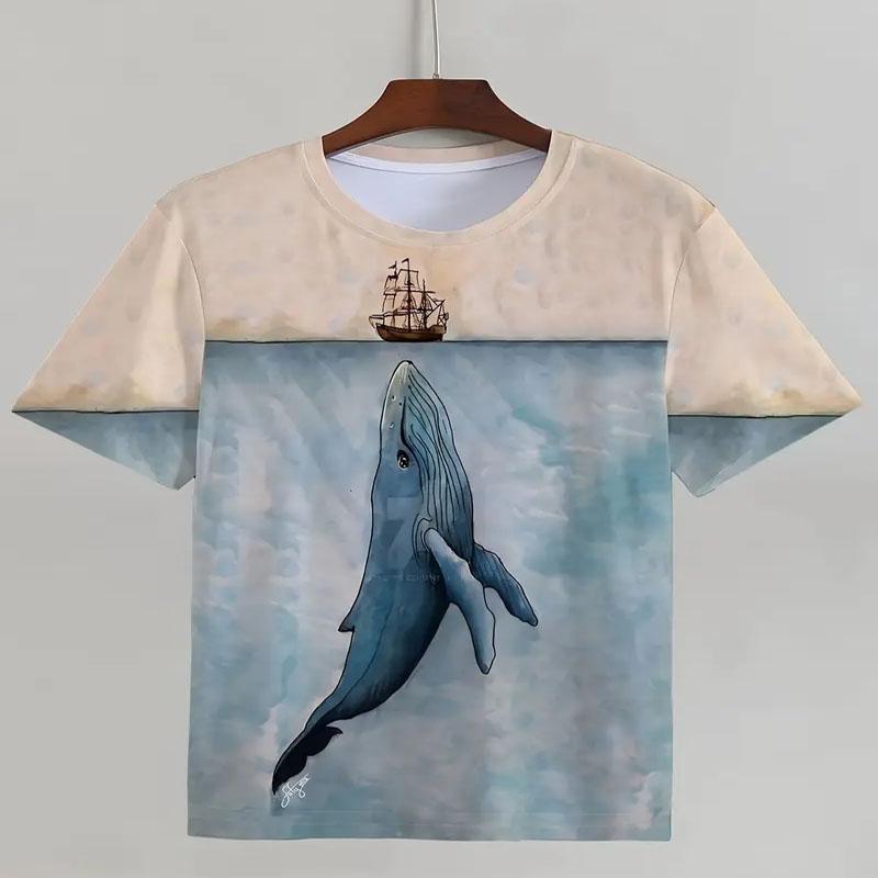 Whale Digital Print Pattern Men's Round Neck Short Sleeved T-shirt for Summer Comfort and Quick Drying Outdoor Wear