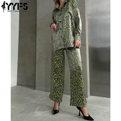 Moda Donna Casual Primavera Autunno Stampa Leopardo Manica Lunga Polo Collo Bluse & Camicie Pantaloni Tute