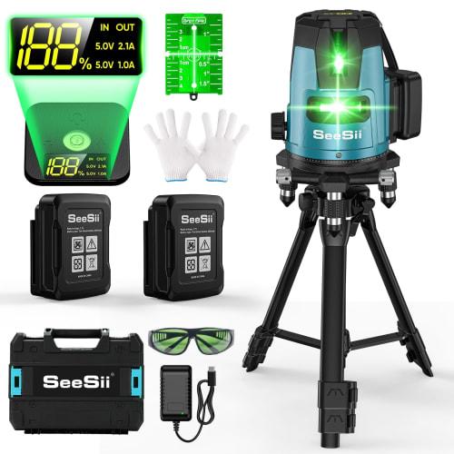 [2025 Latest Improvement] SEESII Laser Level, Green Laser, 5 Lines, High-Power LCD Display, Level, 5 Lines, 6 Points, Tripod, Outdoor, Rotating Laser
