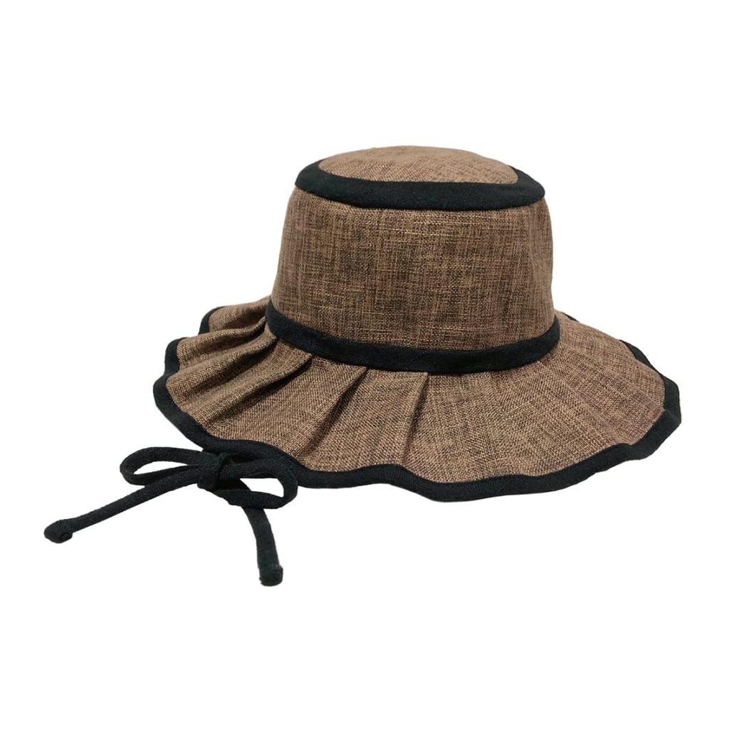 Basic Enchi Flutter Solid Hat Chin Strap Foldable Easy To Carry Sunshade Pleated Hat with Ribbon Linen Blend Natural Material Hat Antibacterial