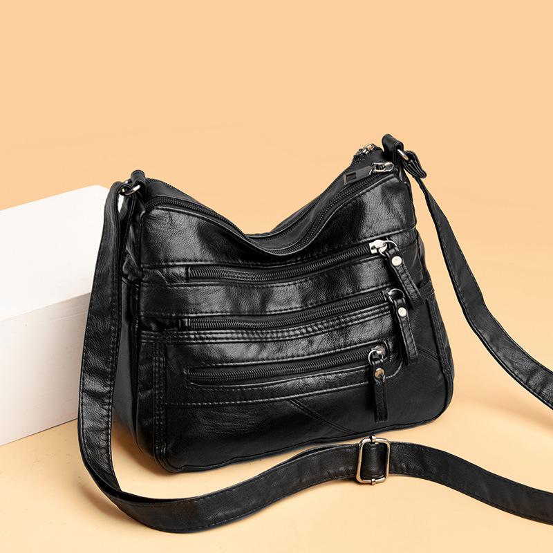 Women's Bag Autumn and Winter New Washed Soft Leather Oblique Span Bag Double-layer Large-capacity Shoulder Bag Middle-aged Women's Small Square Bag