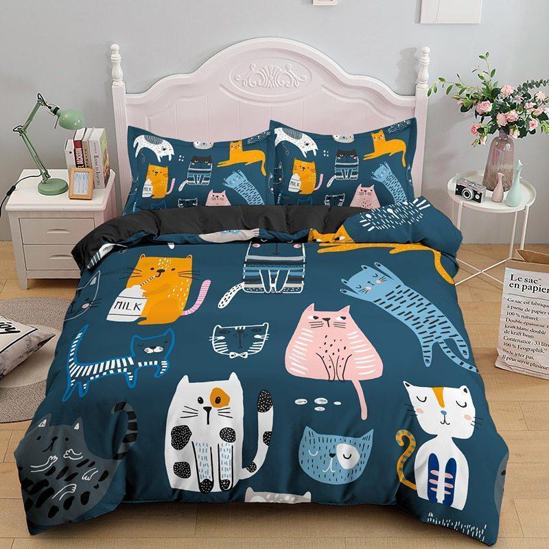 Three-piece Cartoon Cat Digital Printing Bedding Home Textile Set 180*200cm