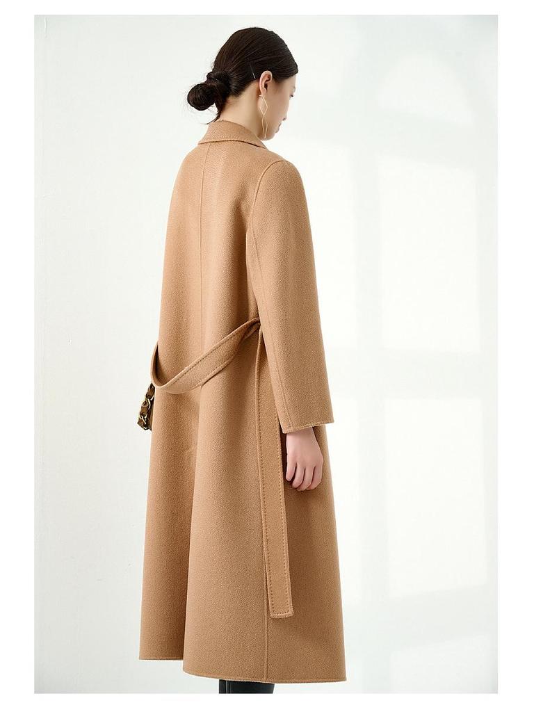 Women's Long Double-Faced 100% Pure Cashmere Ripple Coat with Horn Buttons for Autumn/Winter