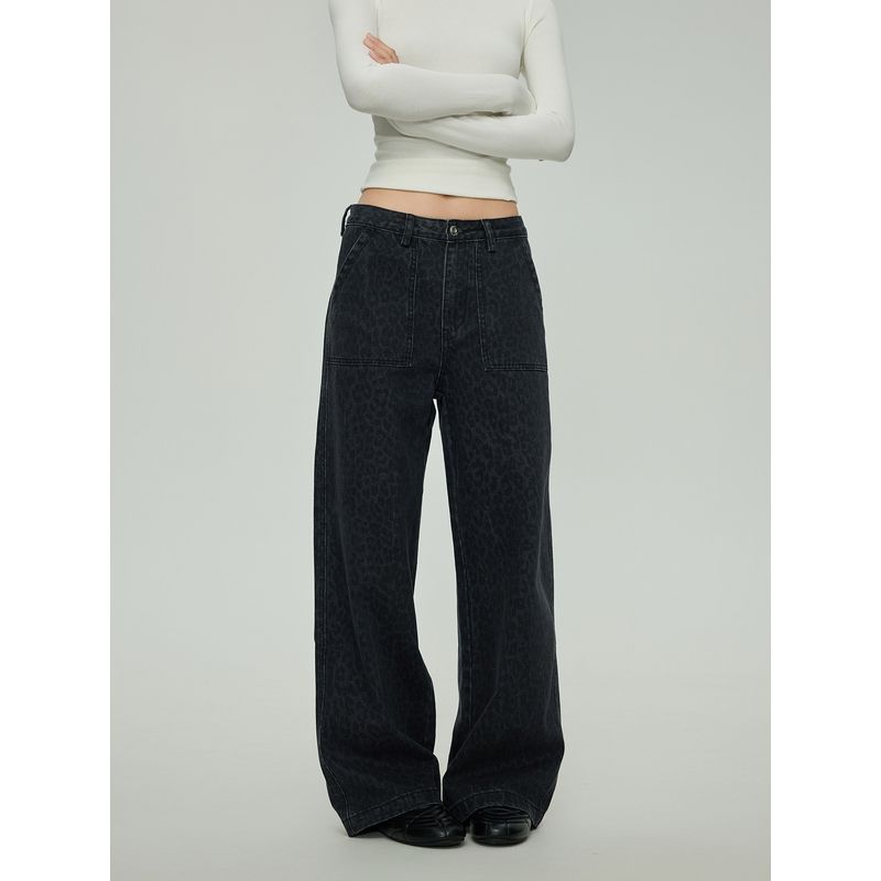 Black of Exit High Street Jeans Washed and Distressed Denim Trendy Brand Loose Casual American Straight-Leg Pants