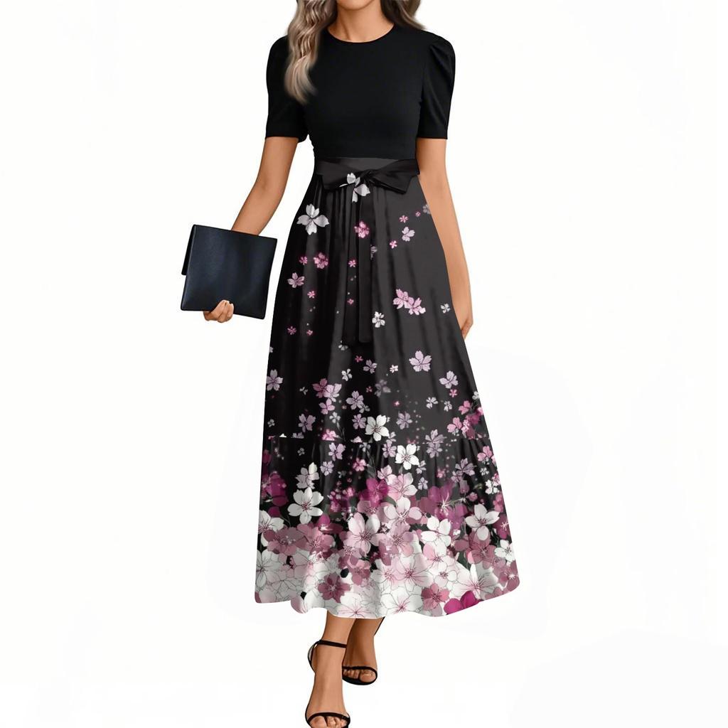 Women's Fashion Casual Belt Short Sleeve Round Neck Floral Stitching Elegant Temperament Dress