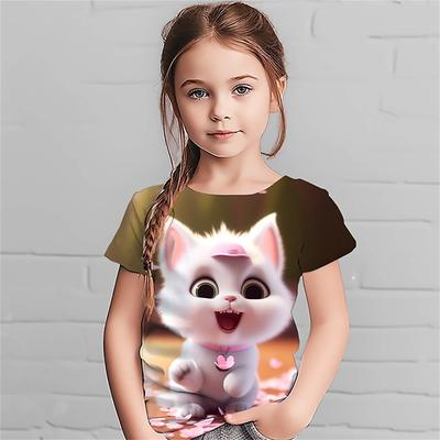 Camiseta divertida para meninas com estampa 3D de gato e desenho animado, camiseta para bebês, verão, casual, confortável, respirável, manga curta