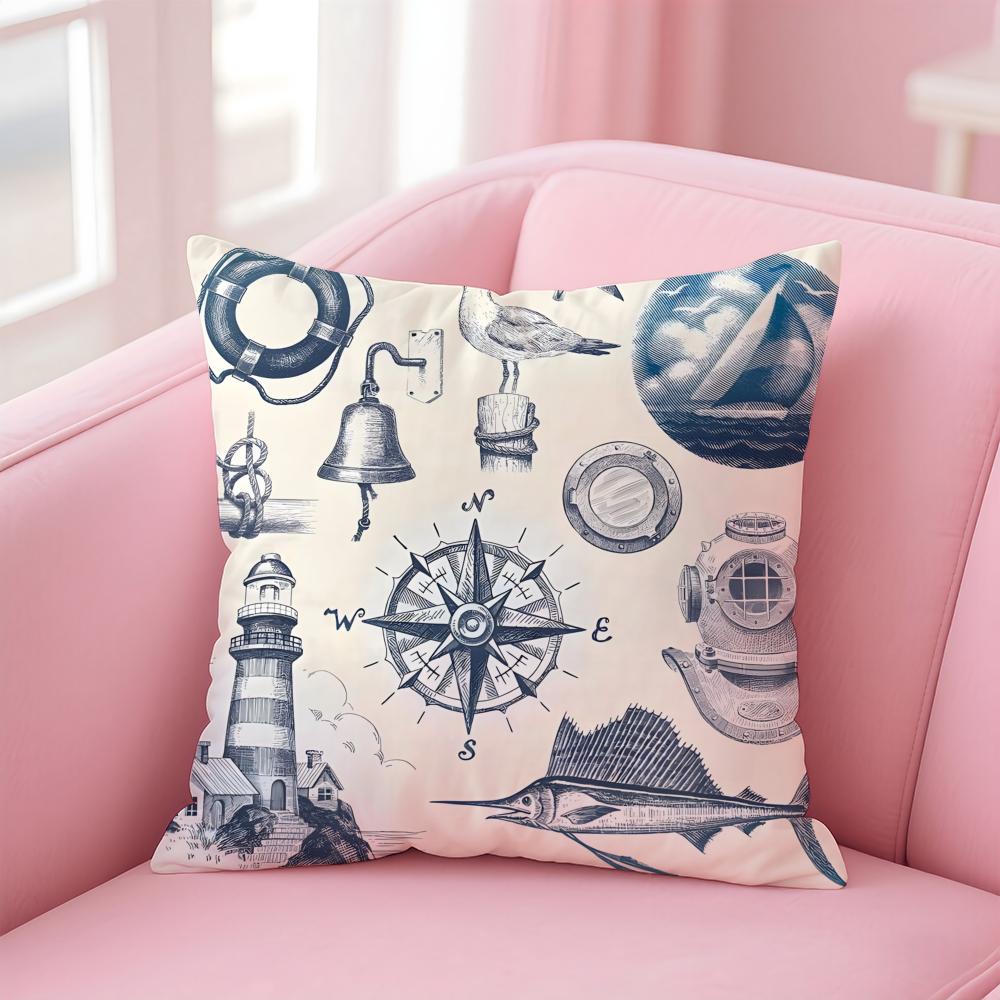 Ocean Blue Compass with Anchor Cushion Cover Pillow Case Soft Skin Friendly Fabric  Concealed Zipper