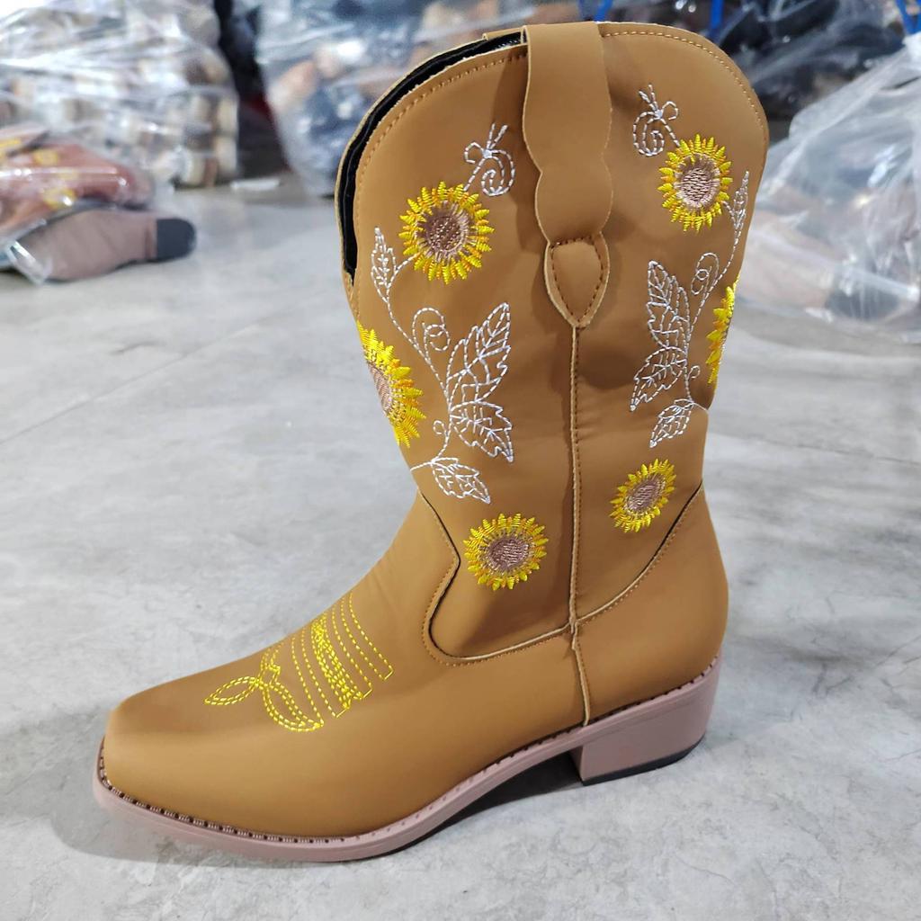 Fashion Women's PU Leather Printed Embroidered Boots Classic Casual High Top Sunflower Night High Heels Women's Boots